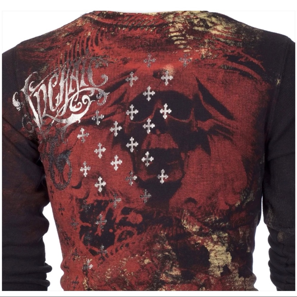 Archaic by Affliction Men's Thermal Shirt BRASS Skull Biker Black - Picture 9 of 9